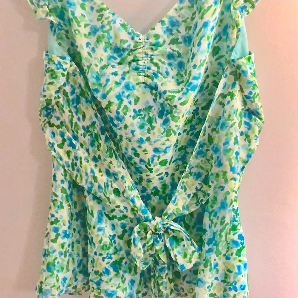 Romance Silky Chiffon Sleeveless Top, Tie Back, Watercolor Blue/Greens, 12 - Picture 4 of 8